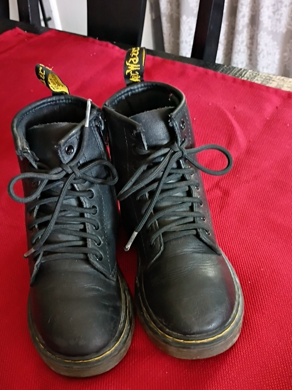 Dr. Martens Black Leather Lace-Up Ankle Boots with Yellow Stitching For Kids